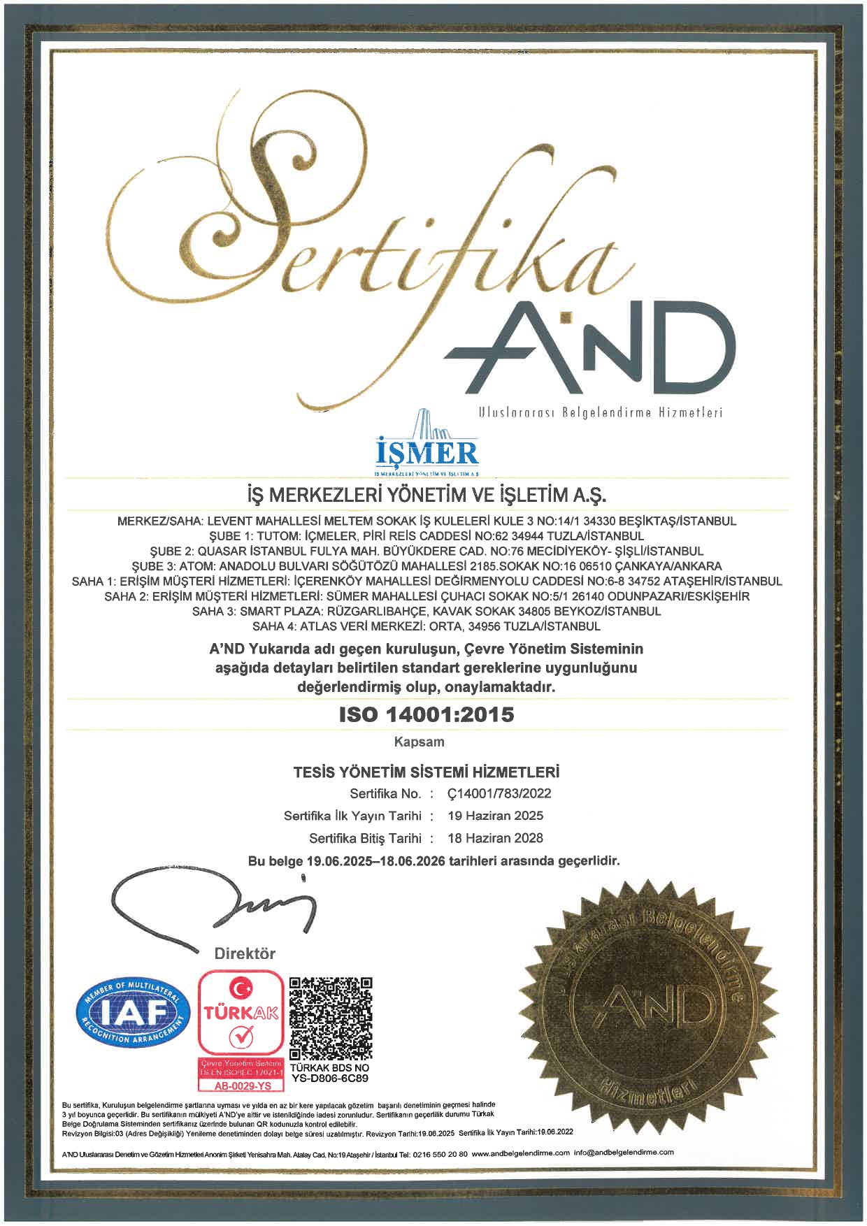 iso14001 Tesis Yönetim Sistemi Sertikamız