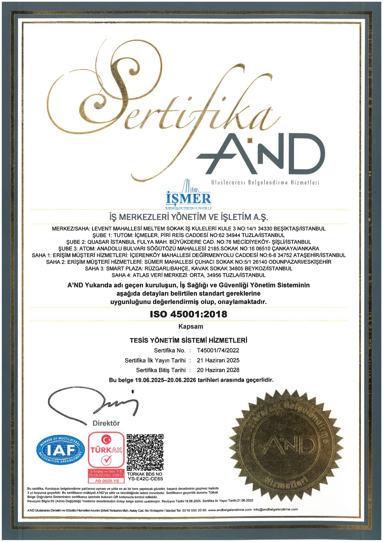 iso45001 İş Sağlığı ve Güvenliği Yönetim Sistemi Sertifikamız